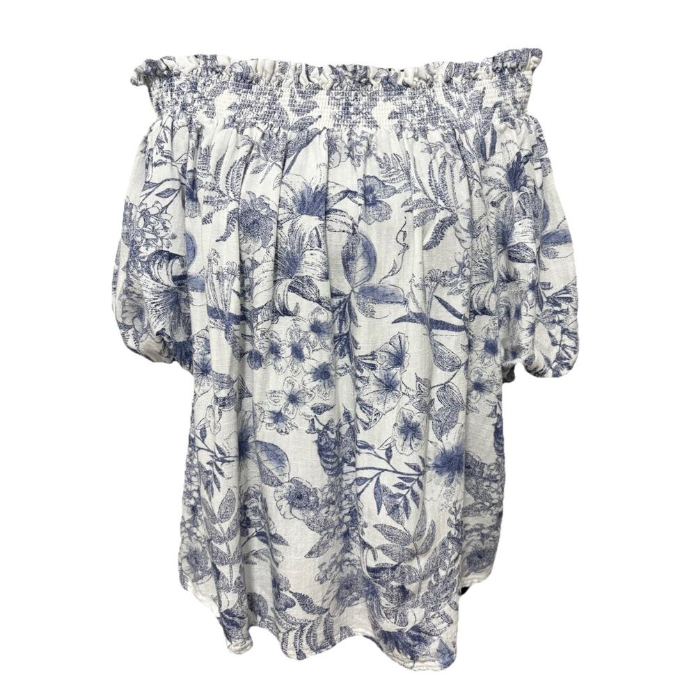 CeCe Blue White Floral Off Shoulder Top Women L Linen Blend Puff Sleeve Boho